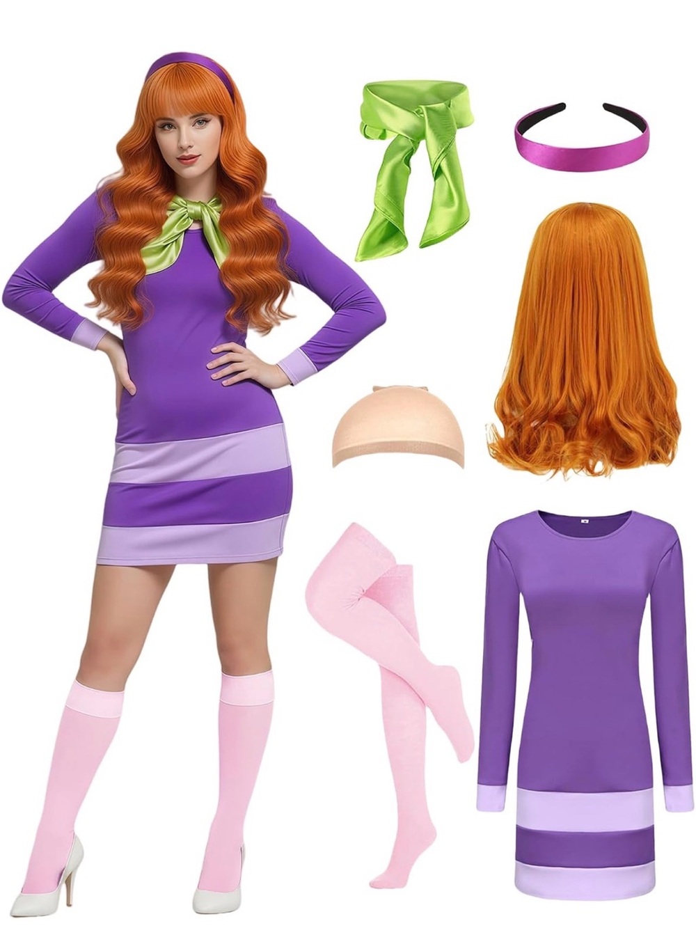 Purple & Pink Women's Retro Costume Dress with Green Scarf and Headband